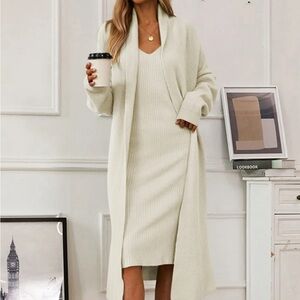 Elegant Cream Knit Dress and Cardigan Set
